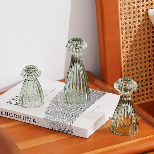 Lysenn Glass Candle Stick Holder Set of 3 ??? Premium Taper Candle Holders for Romantic Ambiance - Candle Sticks Holder Decor for Special Occasions - Green