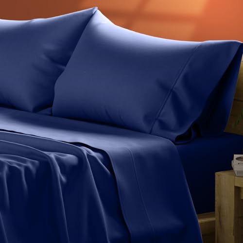 "TEXAS LINEN CO. Egyptian Cotton Sheets Queen Size - 600 Series Queen Sheets Set (4 PC, Navy Blue), 16"" Deep Pocket, Soft, Cooling & Durable Sateen Weave Luxury Hotel Bedding - Texan Talkin' Collection"