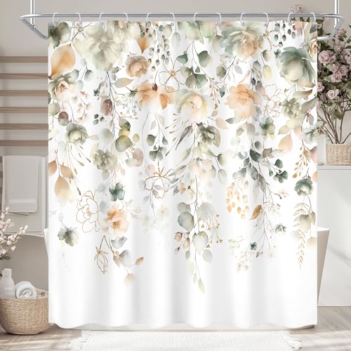 "Green Yellow Floral Summer Watercolor Sage Bathroom Shower Curtain Set - 72""W x 72""L Flower Eucalyptus look, waterproof HD printed shower curtain, quick-dry fabric and free hooks."