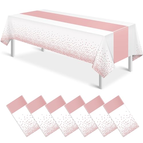 6Pcs White and Rose Gold Tablecloth Party Decorations,Plastic White Table Cloth Printed Rose Gold Table Runner Disposable Rectangle Table Cover for Birthday Anniversary Wedding Grad Party,54 x108 Inch