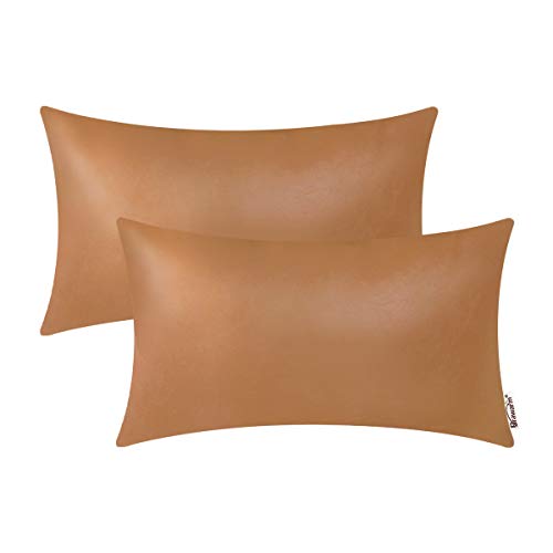 BRAWARM Decorative Throw Pillow Covers, Faux Leather Throw Pillow Cushion Covers, Solid Faux Leather Couch Cases for Living Room Garden Bed, Tan, 30cm x 50cm, Pack of 2