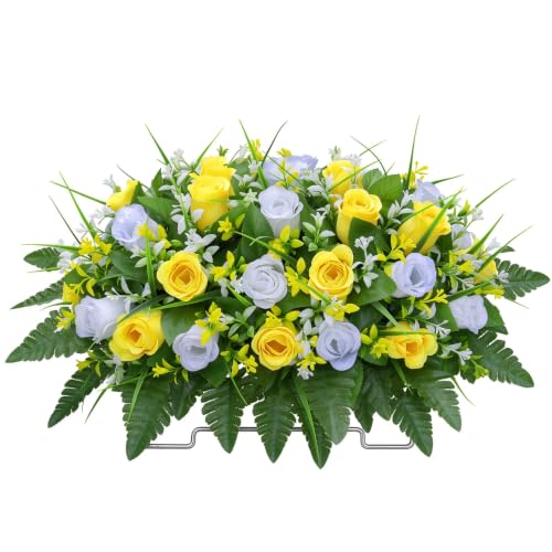 LVXINLI Artificial Cemetery Flowers Saddle-Shaped Tombstone Decorations Non-Fading UV-Resistant???Yellow and white saddle ???