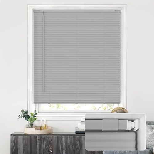 "LazBlinds No Drill Vinyl Mini Blinds, 31"" W x 48"" H, Grey - S-Shaped Slats Create a Tighter Seal, Ideal for Bedrooms, Kitchens & Bathrooms"