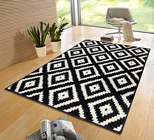 Hanse Home Diamond Living Room Rug Short Pile Skandi Diamond Pattern Modern Velour Rug for Dining Room, Living Room, Children's Room, Hallway, Bedroom, Kitchen - Black Cream, 80 x 150 cm
