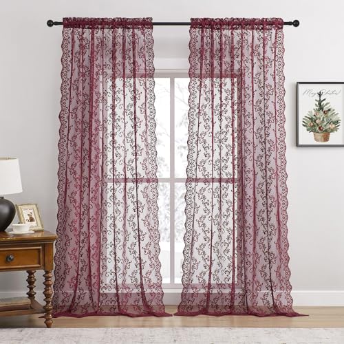 Lace Curtains 2 Pieces Modern Romantic Wine Pattern Curtains for Bedroom Living Room Drawstring Light Filtering Dining Room Maroon Floral Rose Decor 52x96 Inch Burgundy