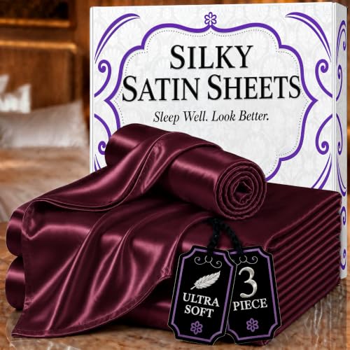 DECOLURE Satin Sheets Twin Size Set 3 Pcs - Silky & Luxuriously Soft Satin Bed Sheets w/ 15inch Deep Pocket - Similar to Silk Sheets - Double Stitching, Wrinkle Free (Rosewood)