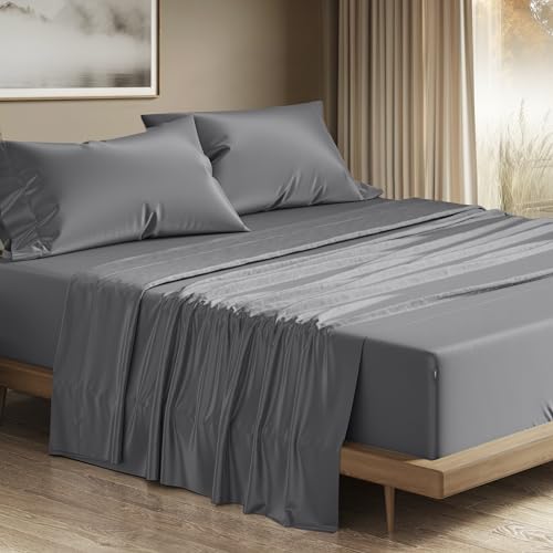 "THREAD SPREAD 100% Egyptian Cotton Sheets Queen Size - 1200 Thread Count 4 PC Queen Sheet Set Egyptian Cotton, Sateen Luxury Sheets Queen Size, High Thread Count Sheets, 17"" Deep Pocket - Dark Grey"