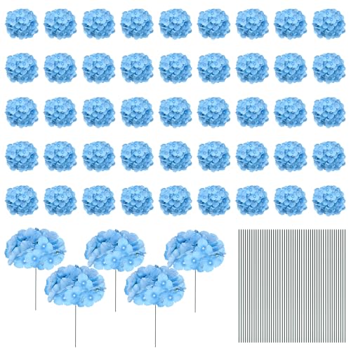 jiebor 50Pcs Blue Hydrangea Artificial Flowers Faux Fake Silk Fabric Hydrangea Flower Heads Bulk with Stems for Crafts DIY Wedding Table Centerpieces Graduation Cap Party Home Outdoor Decoration