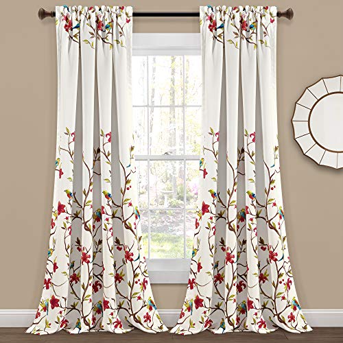 "Lush Decor Neela Birds Room Darkening Window Curtain Panel Pair, 84"" L x 52"" W, Ivory & Brown"