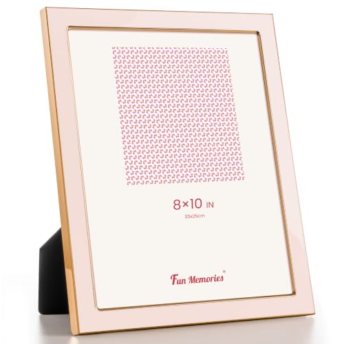 Fun Memories 8x10 Picture Frame - 1pcs Pink Enamel Glass Photo Frame with Gold Metal Edge & Easel for Display Picture Frame on Countertops, Tabletops, Bookshelves, Desks, Walls (Pink/Gold)