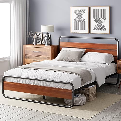 Zinus Soren Double Bed Frame - Bed 135x190 cm - 30 cm Platform Bed with Headboard and footboard - Brown Metal and Wood Bed Frame