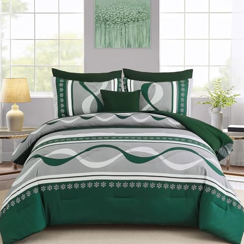 "Anibedding Dark Green Comforter Set King Size,8 Pieces Bed in a Bag Patchwork Striped Bedding Sets,Boho Soft Microfiber Bedding Set for All Season(104""??90"")"