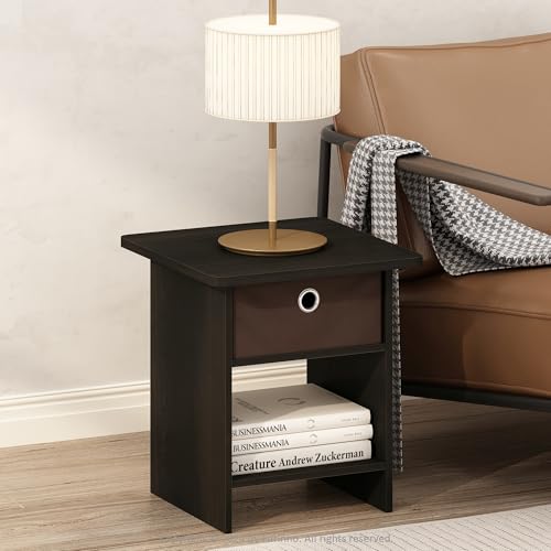 Furinno MODERN Side Table, Square End Table with Storage Bin, Round Corner Night Stand, Bedside Table with Storage Shelf, for Living Room, Bedroom, Black Espresso