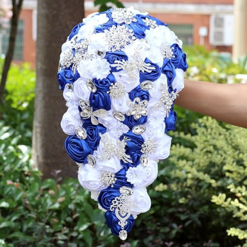 "Mhojpik Luxury Cascade Bridal Wedding Bouquet Satin Rose Waterfall Holding Bouquet Artificial Flower Bunch for Bride Bridesmaid(Royal Blue & White, 15"" x 7.5"")"