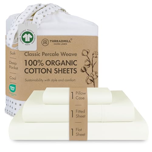 Threadmill 100% Organic Cotton Twin Sheet Set - GOTS Certified, 3 Piece, Ivory - Soft and Breathable Sheets with All-Round Elastic Deep Pocket for Snug Fit Bedding Set