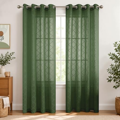 KOUFALL Curtains for Living Room, Boho Curtains with Embroidered Diamond Lattice Pattern, Semi-Transparent Bedroom Dining Room Eyelets, Olive Green/Dark Green, 84 Inch Long, Set of 2