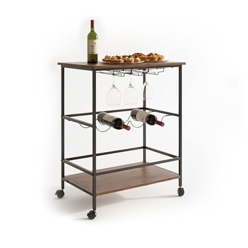 Relaxdays Serving Trolley with 2 Shelves, Wine Rack & Glass Holder, Brown/Black, 82x60x45 cm