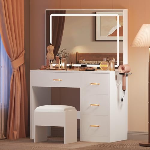 DWVO Vanity Table and Stool Set with LED Mirror, Makeup Desk with Adjustable 3-Colour Lighting, 4-Drawer Storage, Hair Dryer Rack & Built-in Plug Socket, Dressing Table for Bedroom, White