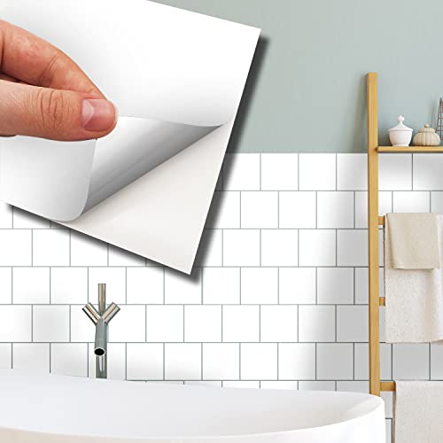 "WALPLUS 15cm(6"")@96pcs Colour Block Tile Sticker Premium White Wall Tile Sticker Tile Paint Stick on Tiles Peel and Stick Self Adhesive Wall Tile Stickers for Kitchen Bathroom Tile Transfer Backsplash"