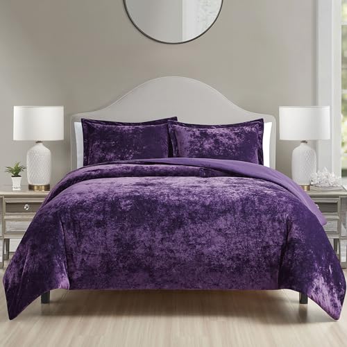 HUMESIIL Luxury Velvet Queen Comforter Set, 3 Pieces Reversible Comforters Queen Size with 2 Pillow Shams, Brushed Solid Microfiber Back, All Season Cozy, Soft, Warm, Lightweight (Purple???90x90 Inch)