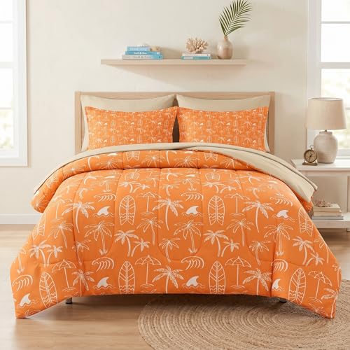 WeCozy 7 Pcs King Size Comforter Set with 2 Pillowcases & 2 Shams, Boho Palm Tree Beach Bedding Set for Kids and Adults, Summer Hawaiian Tropical Leaf Bed in a Bag with Flat Sheet and Fitted Sheet