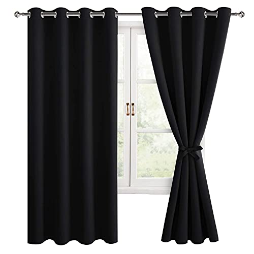 Hiasan Blackout Curtains for Bedroom, 52 x 63 Inches Length - Thermal Insulated & Light Blocking Window Curtains for Living Room/Kids Room, 2 Drape Panels Sewn with Tiebacks, Black