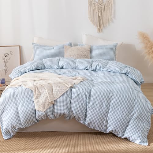 "YHJWW Pale Blue Gingham Duvet Cover Bedding Set Prewashed Extra Soft Comfy Breathable 3 Piece Plaid Checkered Grid Comforter Cover Set Cute Aesthetic (King 104""x90"", No Comforter)"