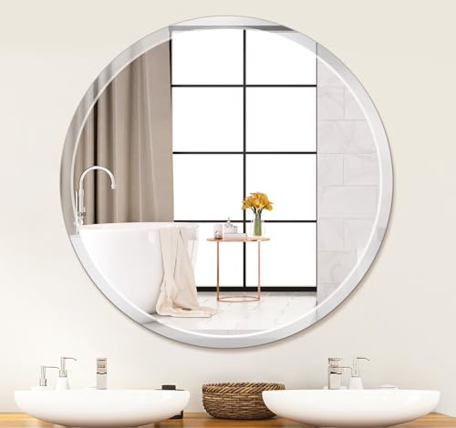 Itrue 36-Inch Frameless Round Mirror, Beveled Edge Bathroom Wall Mirror for Entryway, Washroom, Living Room and More