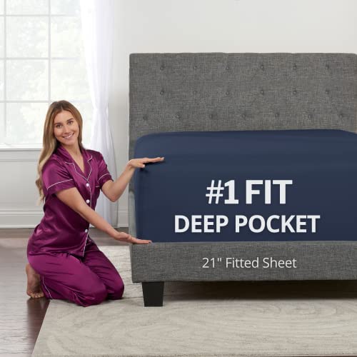 DeaLuxe California King Fitted Sheet Only - [21-Inch] Super Extra Deep Pocket Cal King Size - Perfectly-FIT Fitted Sheet for 17in-23in Deep Mattress - Best Fit Bottom Bed Sheets - Navy Dark Blue