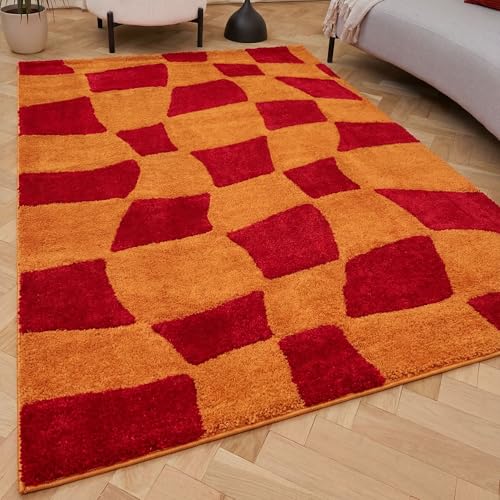 THE RUGS Joli Area Rug - Soft Dense Pile Modern Artistic Design, Durable & Easy Care Carpet for Living Room & Bedroom - Irregular Checkered Red & Orange, 80 x 150 cm
