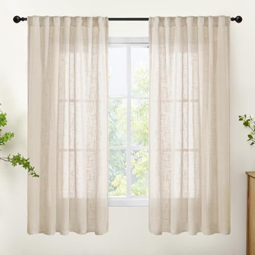 YoungsTex Oatmeal Linen Semi Sheer Curtains 63 Inch Length 2 Panels, Light Filtering Drapes Natural Textured with Rod Pocket Back Tab for Living Room Bedroom Window, 42 X 63 Inch