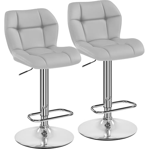 Yaheetech Barstools Set of 2, PU Leather Breakfast Bar Chairs, Swivel Height Adjustable Barstools, Counter Stools with Backrest for Home Kitchen, Restaurant, Light Grey