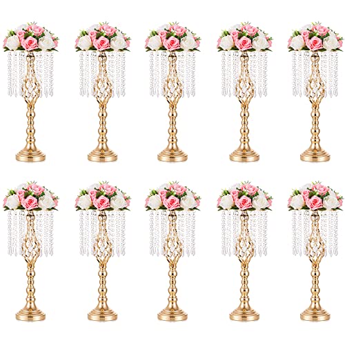 Inweder Wedding Centerpiece Table Decorations - Gold Vase for Centerpieces with Chandelier Crystals, 19.3in Tall Flower Vase, Wedding Metal Flower Stand for Event, Birthday, Home Decoration,10 Pcs