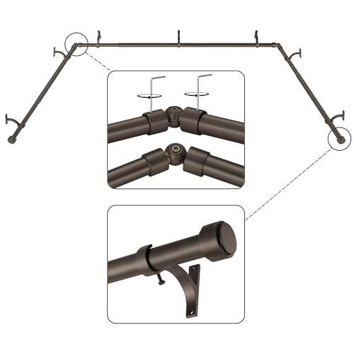 Mayrhyme Dark Bronze Bay Window Curtain Rods with Aluminum End Cap Finials and Brackets, Adjustable 36-72 Inch Center Rod, 20-36 Inch Side Rods