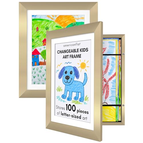 Americanflat - 2 Pack - Kids Artwork Display Frame Changeable (Gold) - Magnetic Door Holds 100 Art Pieces - A4 Size Display with Mount or 10x12.5 without Mount - My Mini Masterpiece