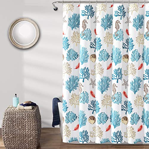 "Lush Decor Coastal Reef Feather Shower Curtain, 72"" W x 72"" L, Blue & Coral - Coral, Starfish, Seahorse & Feather Pattern - Beach Bath Curtain - Costal Shower Curtain - Ocean Themed Bathroom Decor"