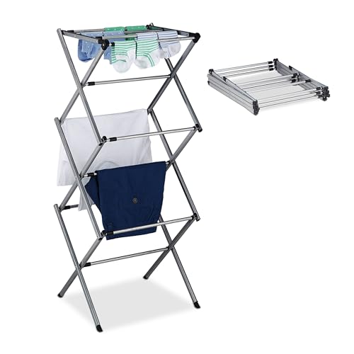 Relaxdays Drying Rack for Clothing, Folding Laundry Airer, 11 Rods, 6 Tiers, 105x73x37 cm, Metal, Extendable, Silver