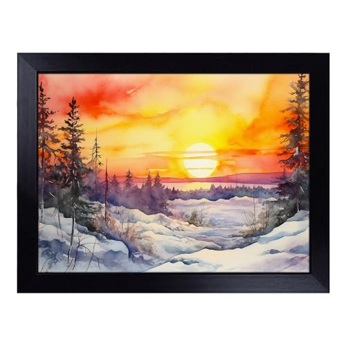Lap Tray with Bean Bag Cushion, Sunrise Watercolour - Handmade in the UK, Raised Wooden Edge, Padded Cushion, Heat-Resistant Wipe-Clean Surface, for Meals, Laptops and Crafts