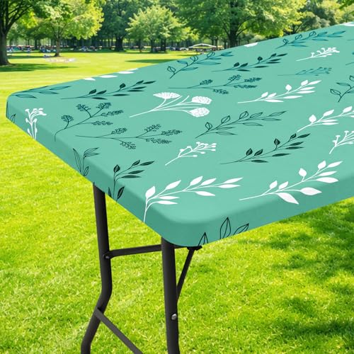 Moosfor Printed Spandex 6FT Table Cloth, Elastic Fitted Tablecloth - Rectangle Patterned Table Cover, Stretch Washable Table Cloths for Picnic, Patio, Dining, Kitchen, Sage Green Leaf
