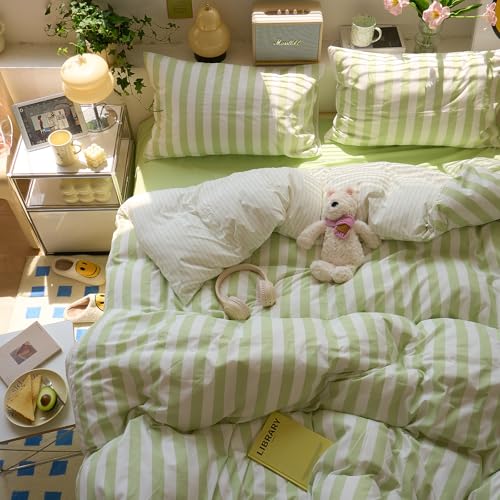 EAVD Green Striped Duvet Cover Queen Soft Washed Microfiber Farmhouse Bedding Set with 2 Pillowcases Reversible White Green Striped Bedding Set for Boy Men Women