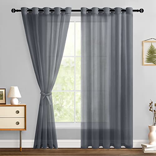 Hiasan Dark Grey Sheer Curtains for Bedroom with Tiebacks, Light Filtering Lightweight Extra Wide Voile Textured Window Curtains for Living Room, Sliding Door, W60 x L84, Set of 2 Drape Panels
