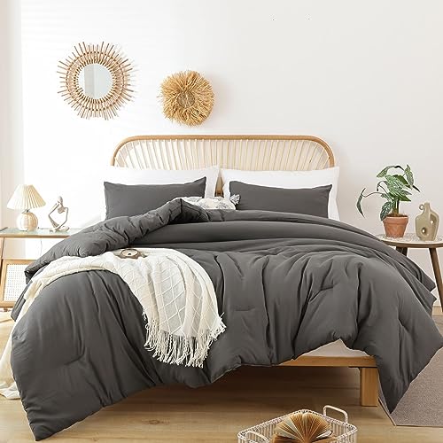ROSGONIA Queen Boho Charcoal Grey Comforter Set, 3pcs (1 Comforter & 2 Pillowcases), Soft Lightweight, Easy to Wash and Clean
