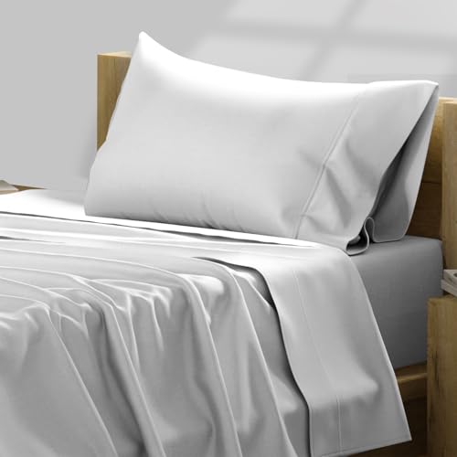 TEXAS LINEN CO. Luxury Egyptian Cotton Twin Size Sheet Set - Texan Talkin' Collection 600 Series 3 PC Deep Pocket Fitted and Flat Sheets, Extra Long Staple Sateen Bedding, Dorm Room Sheets - Silver