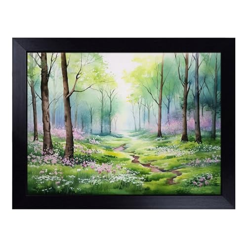 Lap Tray with Bean Bag Cushion, Spring Forest Watercolour - Handmade in the UK, Raised Wooden Edge, Padded Cushion, Heat-Resistant Wipe-Clean Surface, for Meals, Laptops and Crafts