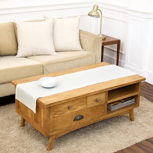 Solino Home Linen Table Runner 60 Inches - Amalfi Stripe 100% Pure Linen Natural and White Table Runner 14 x 60 Inch Ideal for Dresser and Coffee Tables - Spring, Summer