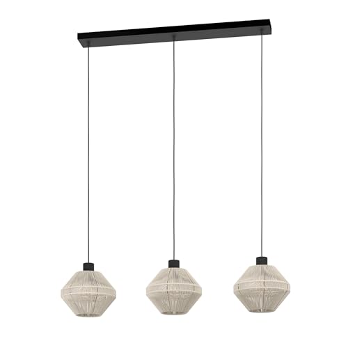 Eglo Pendant Light Fixture Midsumer, 3-Light Hanging lamp Above Dining Table, Japanese Style, Black Metal and Cream Textile, E27 Socket, Ø 38 cm