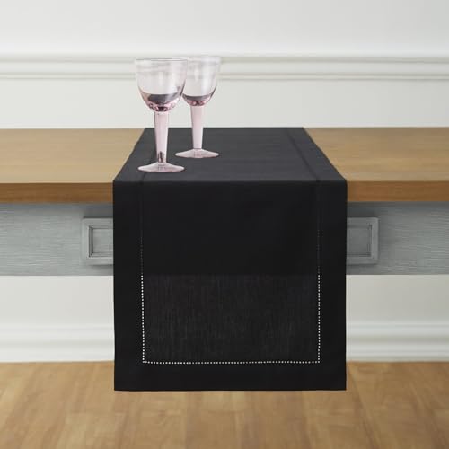 Solino Home Cotton Linen Dining Table Runner Black Hemstitch, 14 x 72 in - for coffee, dresser, dining table, decor, machine washable, indoor outdoor, gift - Fall, Thanksgiving, Halloween, Christmas