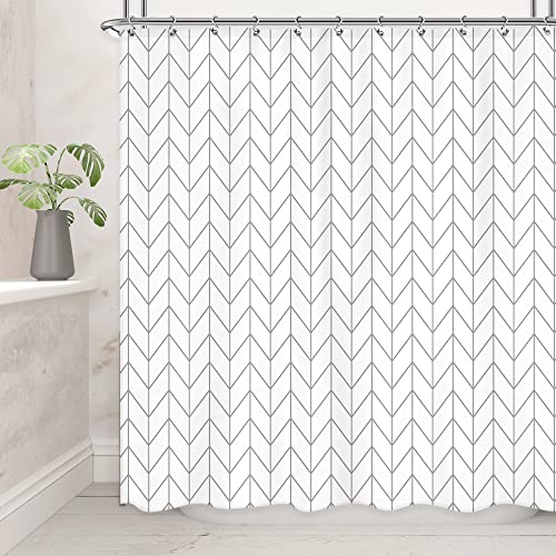 Riyidecor Chevron shower curtain white grey geometric herringbone pattern, 183 x 183 cm (W x H), striped, simple, modern, stylish, neutral, contemporary, 12 hooks, polyester, waterproof