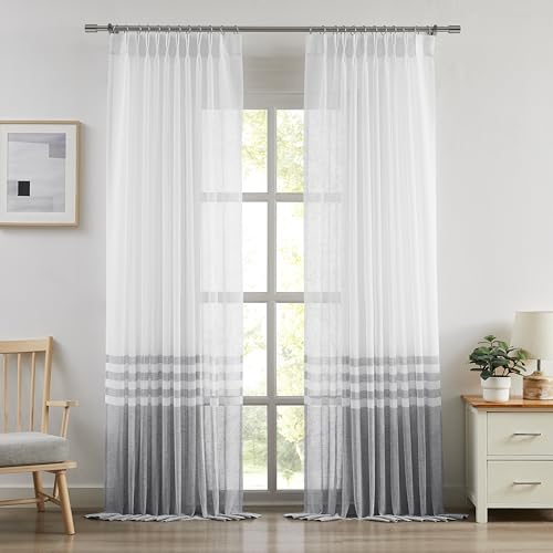 "WEST LAKE Grey White Pinch Pleated Sheer Curtains 102 Inches Long,Color Block Drapes,Farmhouse Window Treatment for Bedroom Living Room,Back Tabs,Grey White,58"" Wx102 L(Pack of 2)"