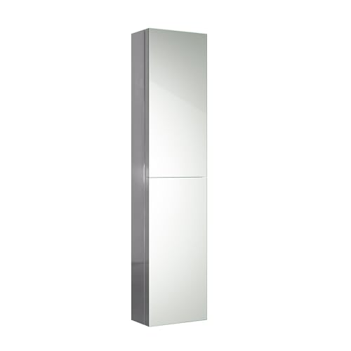 iBathUK Bergen Tall Bathroom Mirror Cabinet, Double Door, Frameless Rectangular Silver Mirror, Wall Mounted, Modern Bathroom Storage, Polished Stainless Steel, 300x1300mm